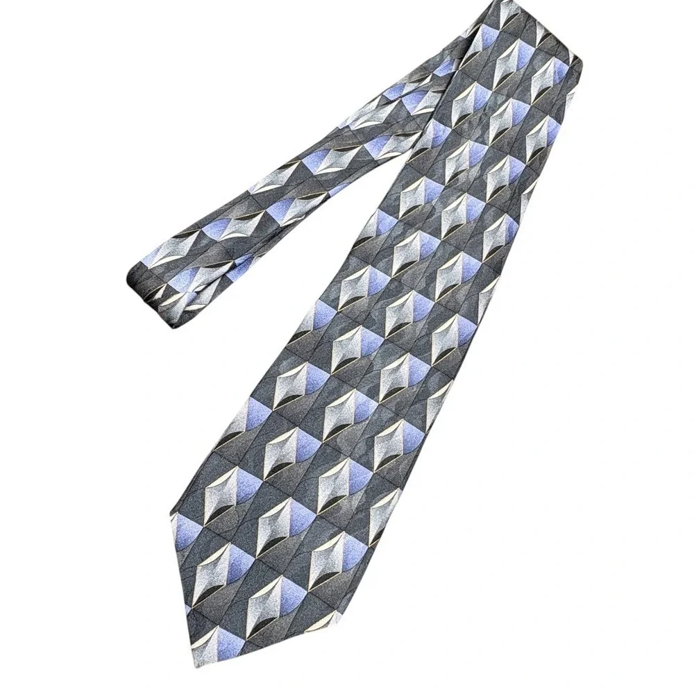 Facets‎ Necktie Mens Blue Grey Excellent Geometric Diamond Silk Hand Sewn